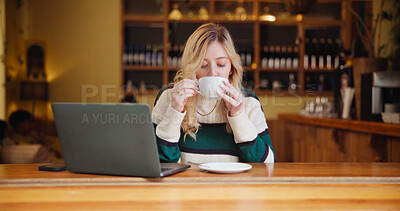 Buy stock photo Coffee, laptop and woman in cafe for remote work with relax, calm or peaceful morning with break. Cappuccino, freelancer and female copywriter drinking latte with computer for creative project.