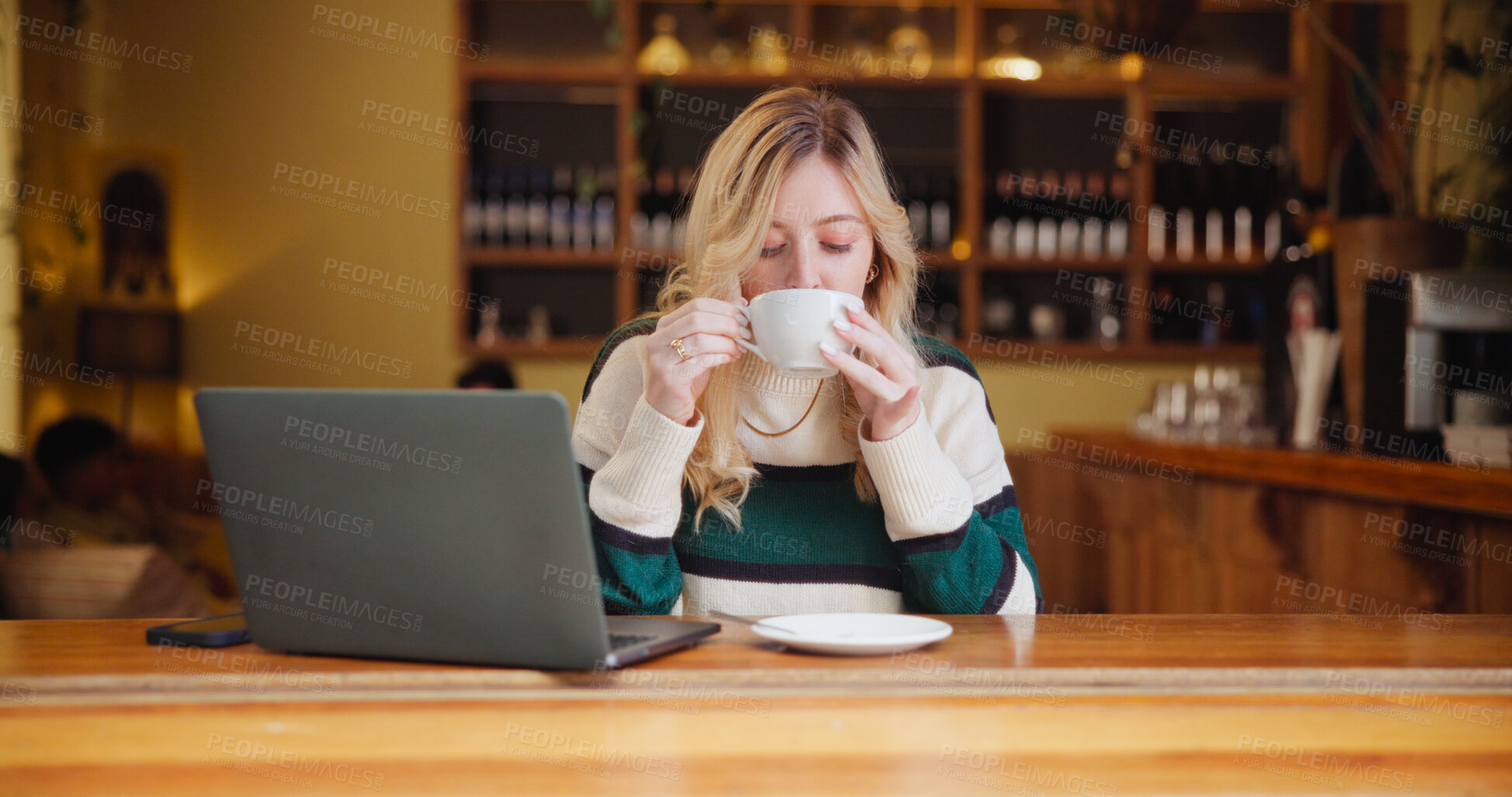 Buy stock photo Coffee, laptop and woman in cafe for remote work with relax, calm or peaceful morning with break. Cappuccino, freelancer and female copywriter drinking latte with computer for creative project.