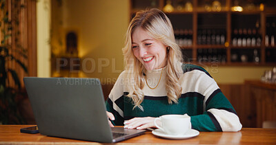 Buy stock photo Student, laptop and woman in restaurant, smile and research for university project, internet and email. Happy, PC and person in cafe, connection and education with assignment results and elearning