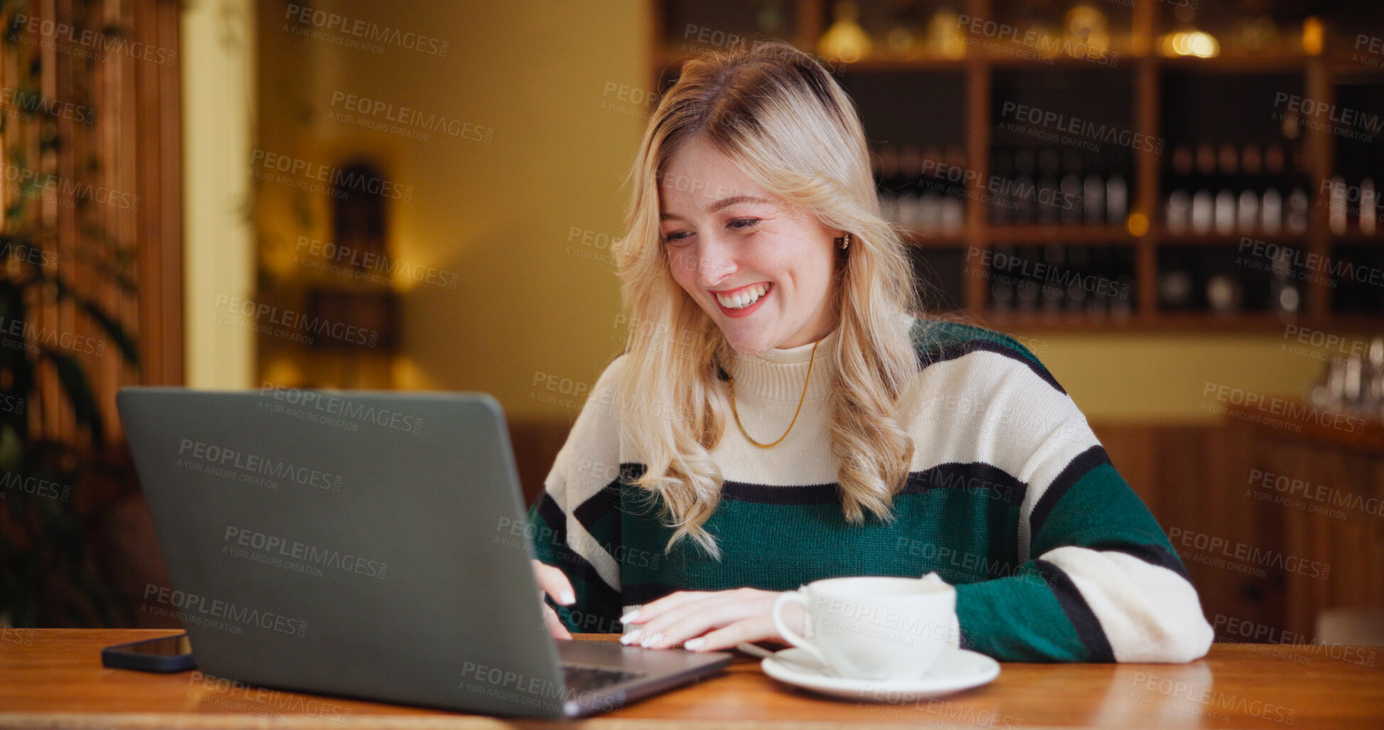 Buy stock photo Student, laptop and woman in restaurant, smile and research for university project, internet and email. Happy, PC and person in cafe, connection and education with assignment results and elearning