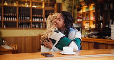 Buy stock photo Hug, friends and women in restaurant, reunion and connect with support, smile and bonding together. People, customers and girls in urban cafe, embrace and love with happiness and social gathering