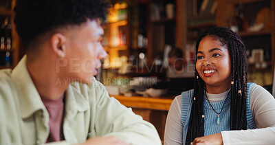 Buy stock photo Happy, love and couple in coffee shop for date, bonding and relationship to relax on weekend. Restaurant, cafe and man with woman for conversation, talking and chatting with smile with connection