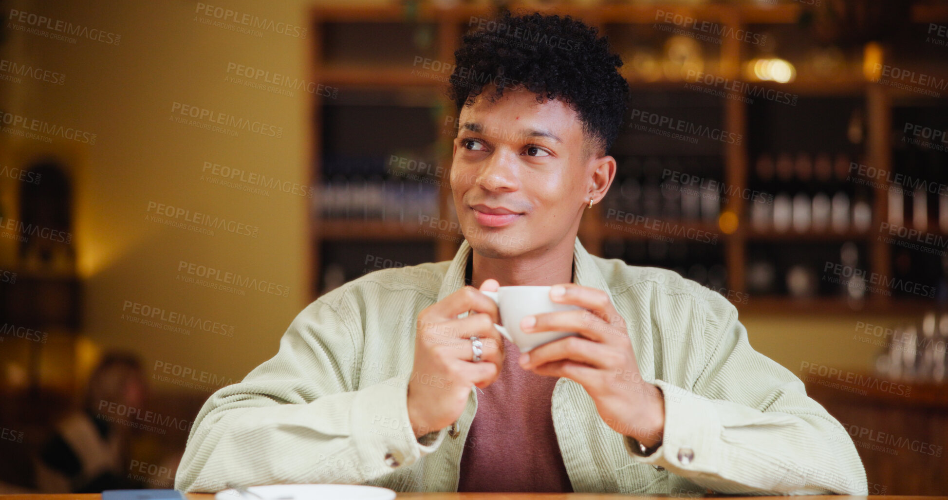 Buy stock photo Man, tea and happy with thinking at cafe for memory, drink and insight with inspiration at restaurant. Person, smile and coffee cup with reflection, remember and perspective with beverage at diner