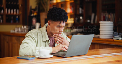 Buy stock photo Man, freelancer and thinking with laptop in cafe for small business or online startup. Male person, remote work and wonder with decision on computer for research, network or connection in coffee shop