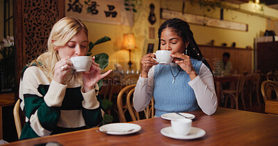 Buy stock photo Women, friends and drink in coffee shop for break, reunion or bonding together. Girls, customer and beverage in cafe for catchup, communication and social gathering with latte for gossip discussion