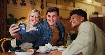 Buy stock photo Happy people, friends and selfie in cafe for picture, memory or bonding together at coffee shop. Group, community or team with mobile smartphone for photography, review or social media at restaurant