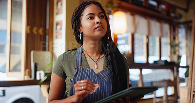 Buy stock photo Woman, barista and thinking with tablet at cafe for inventory, checklist or review at restaurant. Person, decision and small business owner with tech, application or report for stock at coffee shop