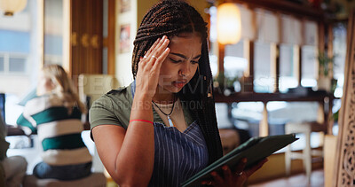 Buy stock photo Woman, waitress and headache with stress at coffee shop, pain and mistake with inventory checklist. Person, barista or server with tech, application or burnout with migraine, glitch or tired at cafe