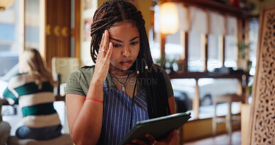 Buy stock photo Woman, barista and headache with stress at coffee shop, pain and mistake with inventory checklist. Person, waitress or server with tech, application or burnout with migraine, glitch or tired at cafe