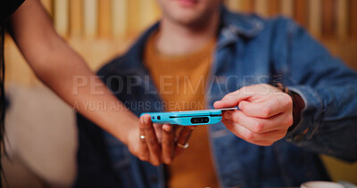 Buy stock photo Hands, credit card and pos terminal in cafe for payment, customer and waitress service. Finance, bill and person with contactless, nfc technology and coffee shop or restaurant with cashless machine