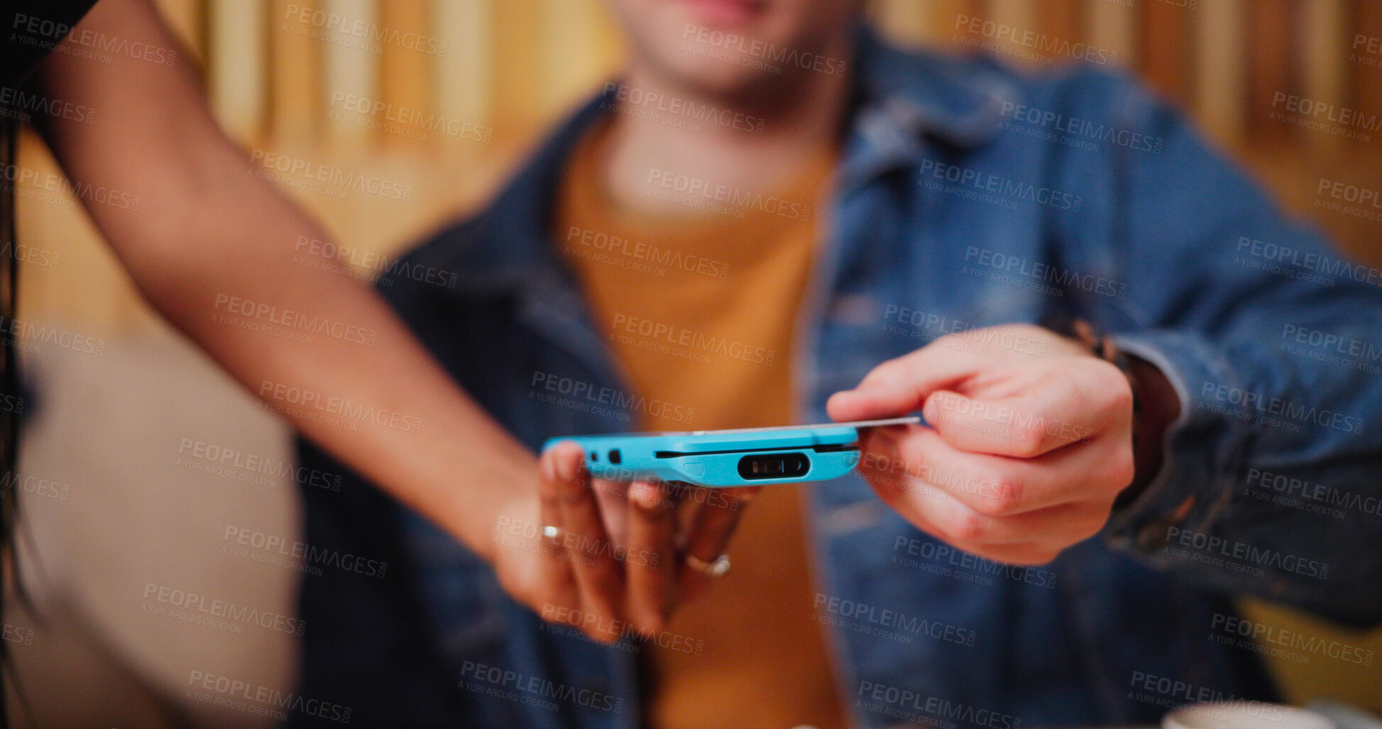 Buy stock photo Hands, credit card and pos terminal in cafe for payment, customer and waitress service. Finance, bill and person with contactless, nfc technology and coffee shop or restaurant with cashless machine