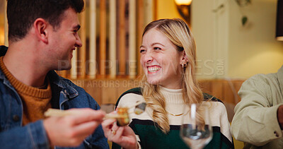 Buy stock photo Smile, people and laughing with sushi at restaurant for lunch, healthy nutrition and birthday event. Happy, friends and eating food, local asian cuisine and funny joke at diner date of social reunion