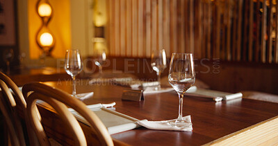 Buy stock photo Reserved, empty and table setup at restaurant for private event, celebration and dining experience. Glasses, layout and interior setting with catering service, lunch banquet and party for New years