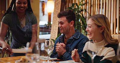Buy stock photo Smile, people and waitress with food at restaurant for lunch, bonding together and birthday event. Happy, friends and waiting to eat sushi, local asian cuisine and dinner date for reunion celebration