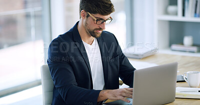 Buy stock photo Businessman, idea and laptop with typing in office for payroll management, research and email. Accountant, professional thinking and tech at firm for financial development and growth opportunity