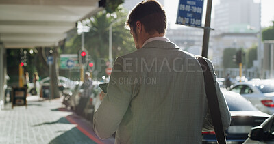 Buy stock photo City, walking and back of businessman with phone on morning commute for news, email and online. Corporate, finance consultant and person on smartphone in town for website, networking and travel