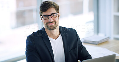 Buy stock photo Businessman, smile and confidence with portrait in office for payroll management, career pride and about us. Accountant, professional and laptop at firm for financial development and opportunity