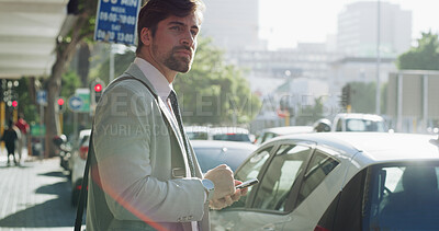 Buy stock photo Businessman, phone and waiting in city, travel and booking taxi on web for commute to workplace. Person, smartphone and thinking in urban town with mobile app for ride, transport or check traffic