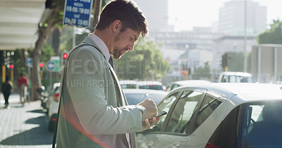 Buy stock photo Businessman, phone and scroll in city, travel or booking taxi on web for urban commute to workplace. Person, smartphone and click with mobile app in town for ride, transport or check trip schedule