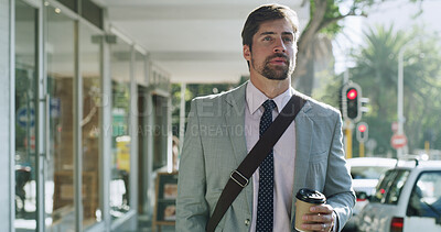 Buy stock photo City, walking and business man with coffee on morning commute for work, job and finance opportunity. Professional, financial consultant and person in town for trip, travel and journey for career