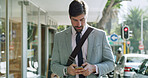 Businessman, phone and chatting in city for travel, commute or communication on sidewalk. Man, employee or walking with mobile smartphone or texting for conversation, chat or app in an urban town