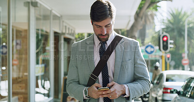 Buy stock photo Businessman, phone and chatting in city for travel, commute or communication on sidewalk. Man, employee or walking with mobile smartphone or texting for conversation, chat or app in an urban town
