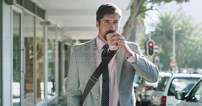 Buy stock photo Business man, drinking coffee and commute in city, street and beverage on walk with legal career. Person, corporate lawyer or attorney in urban town for travel on road with tea cup in Portugal