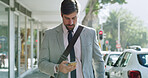 Businessman, walk and scroll with phone in city for chat, online research and text message on street. Travel, professional and smartphone in urban town for checking schedule on morning commute