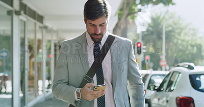 Buy stock photo Businessman, walk and scroll with phone in city for chat, online research and text message on street. Travel, professional and smartphone in urban town for checking schedule on morning commute