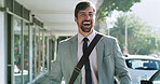 Happy, walking and business man in city on morning commute for work, career and finance opportunity. Professional, financial consultant and person in town with confidence, pride and excited for job