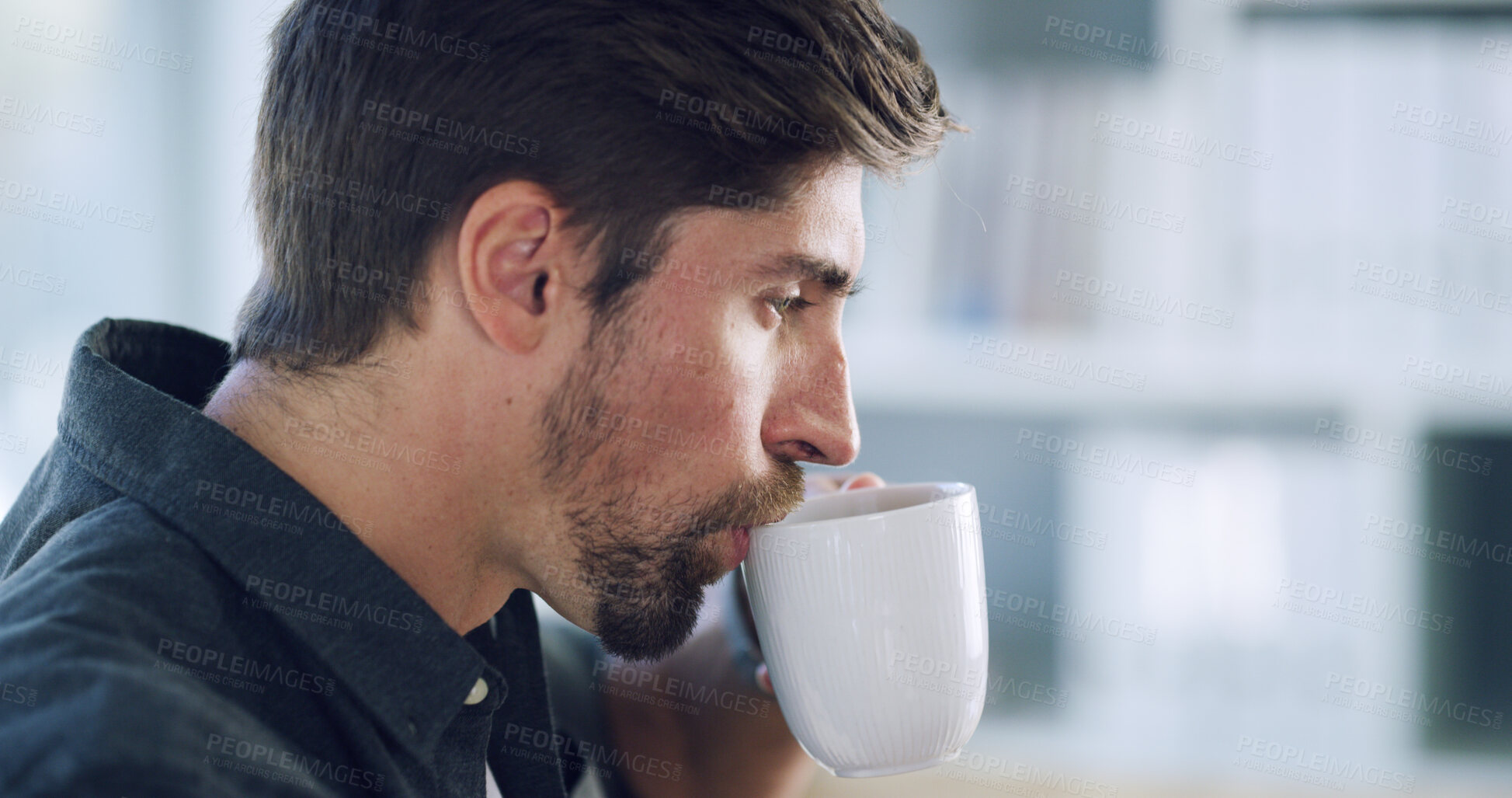 Buy stock photo Businessman, thinking and drinking with coffee in office for morning beverage or caffeine. Man, employee or wonder with cup or mug for business decision, choice or contemplating deadline in workplace