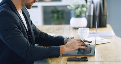 Buy stock photo Businessman, hands and laptop with typing in office for payroll management, career research and email. Accountant, professional and tech at firm for financial development and growth opportunity
