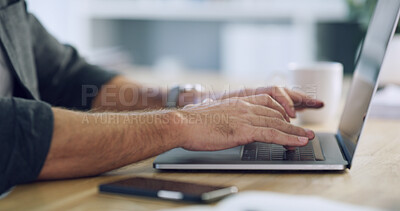 Buy stock photo Computer, business man and hands typing email, report or content writing on internet in office. Keyboard, laptop and copywriter at desk for work, review article and editing creative blog for project