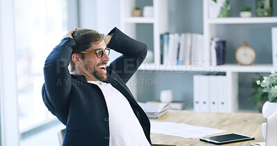Buy stock photo Happy, businessman and relax with break for deadline success, completion or done in office. Man, employee or rest with smile for finished tasks, achievement or project accomplishment in workplace
