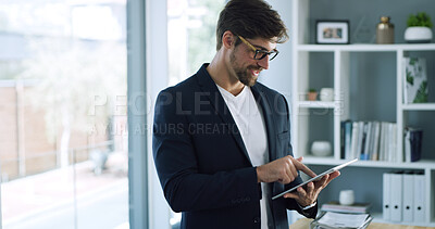 Buy stock photo Businessman, tablet and scroll with report in office for planning, company consultant and performance analyst. Professional, client feedback and research with person in agency for project idea