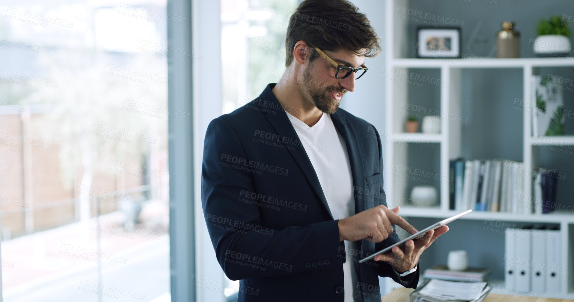 Buy stock photo Businessman, tablet and scroll with report in office for planning, company consultant and performance analyst. Professional, client feedback and research with person in agency for project idea