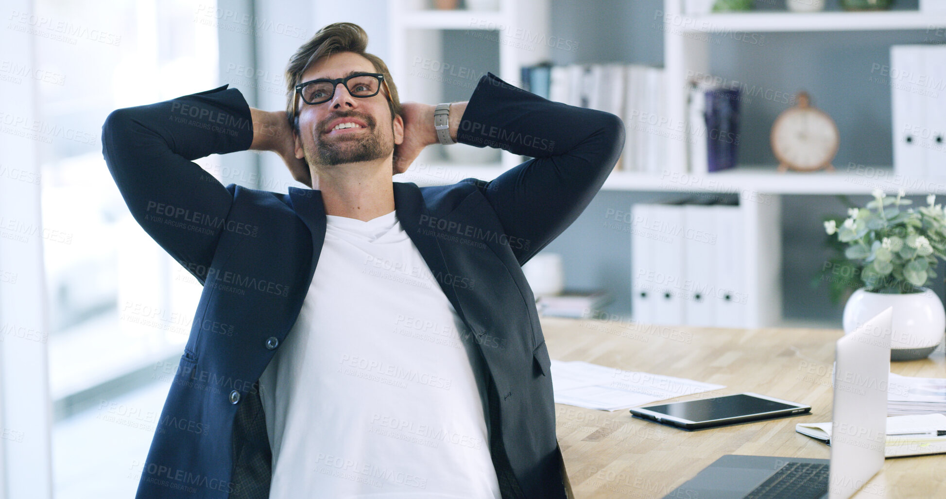 Buy stock photo Businessman, relax and rest with break for deadline success, completion or done in office. Man, employee or stretch with smile for finished tasks, achievement or project accomplishment in workplace