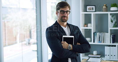 Buy stock photo Tablet, glasses and portrait of business man in office for investment firm, stock market research or review. Digital report, portfolio manager and project with person in agency for proposal and pride