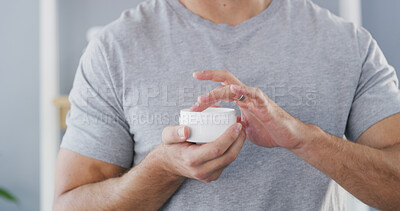 Buy stock photo Man, hands or lotion with container for skincare, moisturizer or morning routine in home. Closeup, male person or cosmetic product with plastic jar or gel for nourishing, health or beauty in bathroom