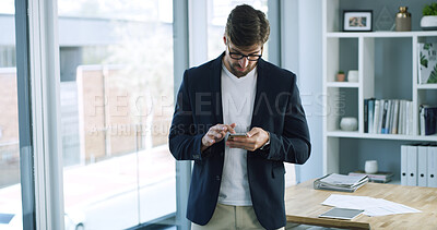 Buy stock photo Businessman, phone and reading with report in office for planning, company consultant and performance analyst. Professional, client feedback and research with person in agency for project idea