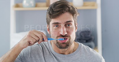 Buy stock photo Man, portrait and brushing teeth in morning for dental care, hygiene or oral health in home. Male person, toothbrush and cleaning mouth in POV for gum wellness, fresh breath or daily routine in house