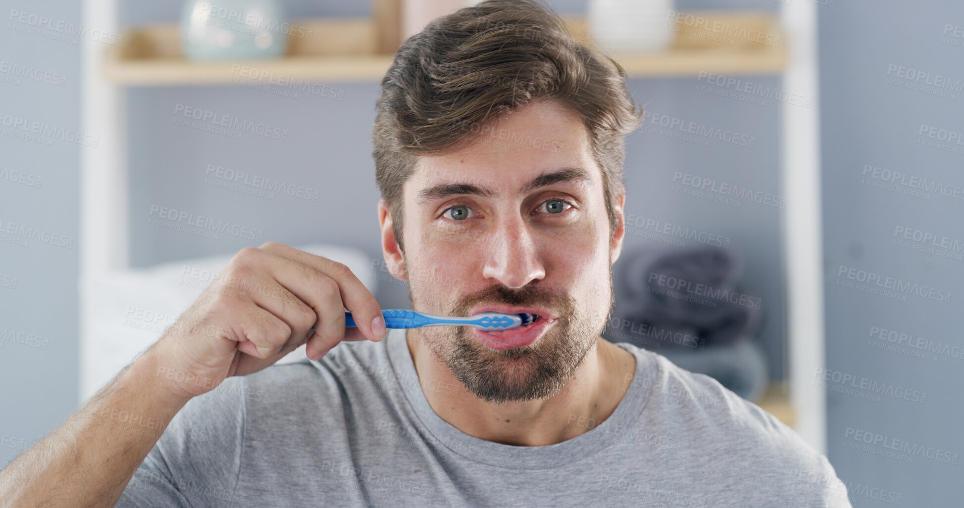 Buy stock photo Man, portrait and brushing teeth in morning for dental care, hygiene or oral health in home. Male person, toothbrush and cleaning mouth in POV for gum wellness, fresh breath or daily routine in house