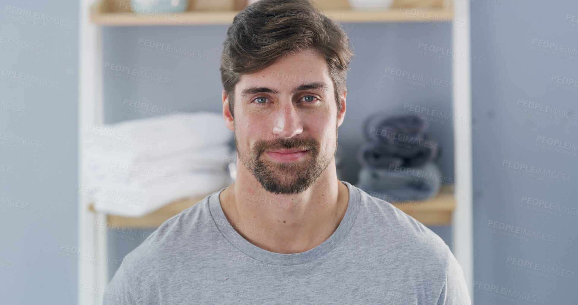 Buy stock photo Portrait, happy and skincare with man in bathroom for beauty, morning routine and pride. Self care, dermatology and beard grooming with male person in home for confidence, hygiene and aesthetic