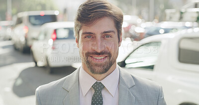 Buy stock photo Portrait, travel and business man in city for traffic engineering, urban planning and road design. Professional, civil engineer and person with confidence for town planner career, job and ambition