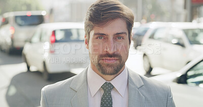 Buy stock photo Business man, city and portrait in street for traffic engineering, route survey and inspection. Person, urban planner and confident outdoor in town for road infrastructure development in Portugal