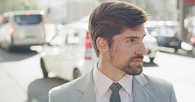 Buy stock photo Employee, man and journey to work, city or lawyer on urban street in morning, outdoor and commuting. Thinking, attorney and person with routine on road, commuter or walk to court for case and travel