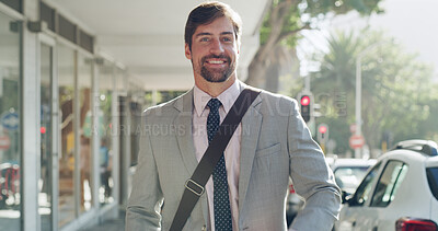 Buy stock photo Businessman, portrait and travel in city, smile and confidence on sidewalk with legal career. Person, corporate lawyer or attorney in urban town for commute, road and happy with pride in Portugal