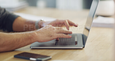 Buy stock photo Laptop, business and hands typing in office for email, report or content writing on internet. Keyboard, man and copywriter on computer at desk for work, review article and editing creative blog