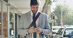 Businessman, smile and scroll with phone in city for chat, online research and text message on street. Travel, professional and smartphone in urban town for checking schedule on morning commute
