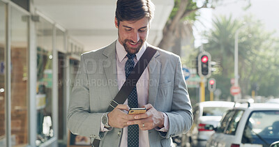 Buy stock photo Businessman, smile and scroll with phone in city for chat, online research and text message on street. Travel, professional and smartphone in urban town for checking schedule on morning commute